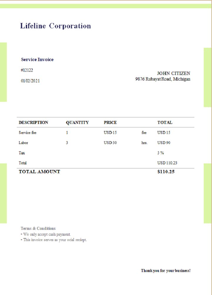 USA Lifeline Corporation invoice template in Word and PDF format, fully editable, version 1